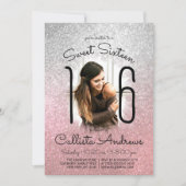 Silver Rose Gold Glitzer Ombre Halo Foto Sweet 16 Einladung (Vorderseite)