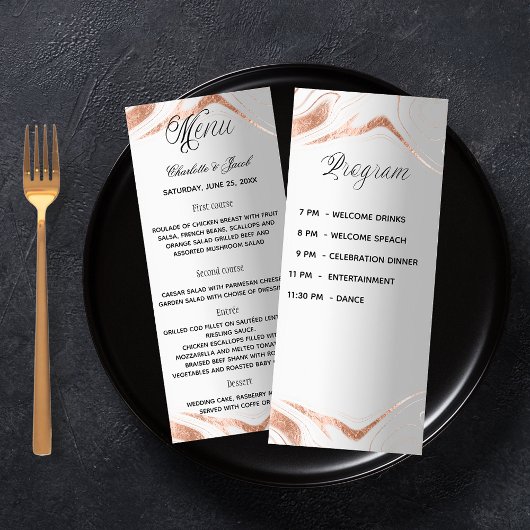 Silver Rose Gold Hochzeitsmenü Karte