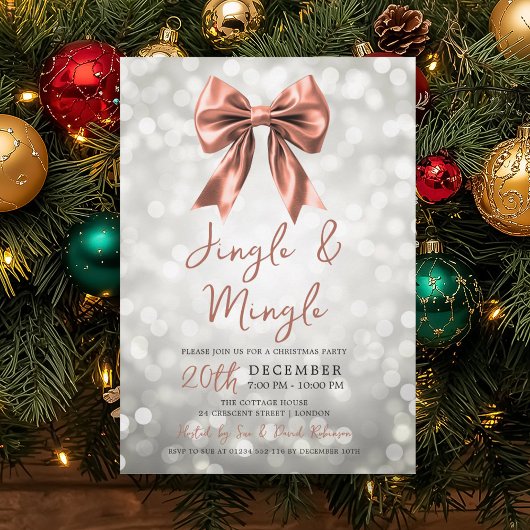 Silver Rose Gold Jingle Mingle Christmas Bow Einladung