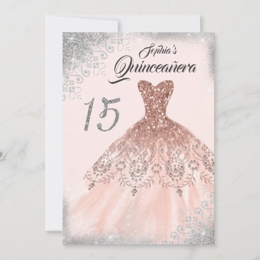 Silver Rose Gold Lace Diamond Gozo Quinceanera Einladung (Vorderseite)