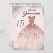 Silver Rose Gold Lace Diamond Gozo Quinceanera Einladung (Vorne/Hinten)