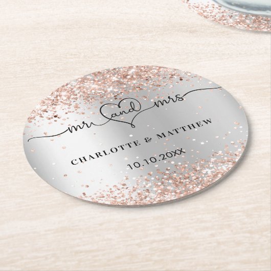Silver Rose gold mr mrs Herzskript Runder Pappuntersetzer (Angewinkelt)
