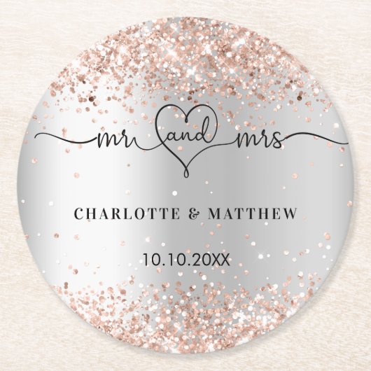 Silver Rose gold mr mrs Herzskript Runder Pappuntersetzer (Vorderseite)