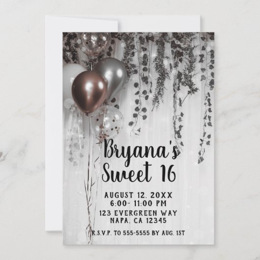 Silver & Rose Gold Pink Balloons Ivy Sweet 16 Einladung (Vorderseite)