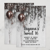 Silver & Rose Gold Pink Balloons Ivy Sweet 16 Einladung (Vorne/Hinten)