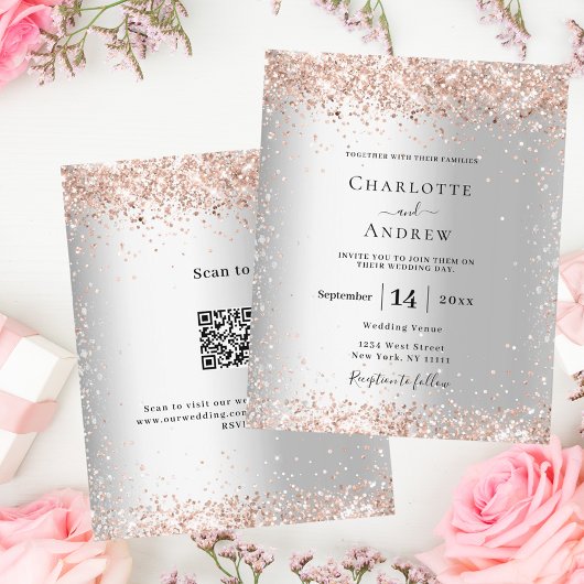 Silver Rose Gold QR UAWG budget Einladung Hochzeit
