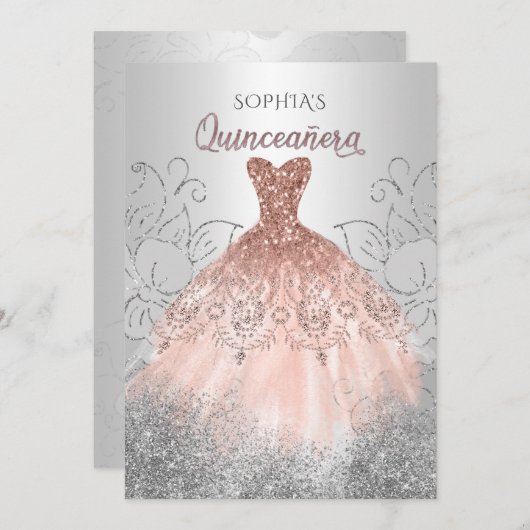Silver Rose Gold Sparkenkleid Quinceañera Quince Einladung (Vorne/Hinten)