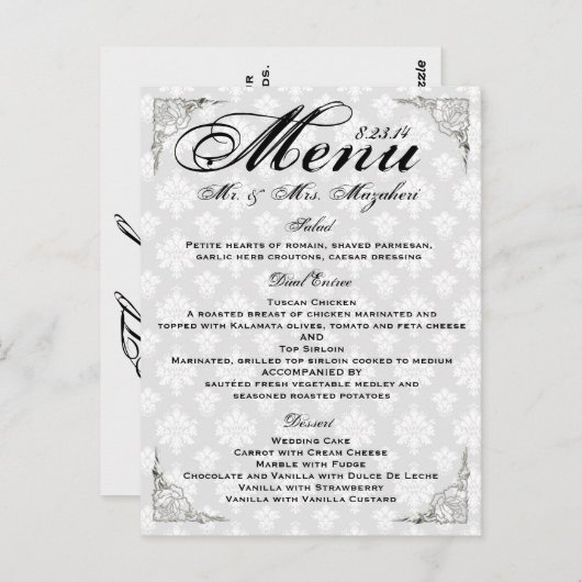 Silver Rose Wedding Dinner Menu Thank you Note Postkarte (Vorne/Hinten)