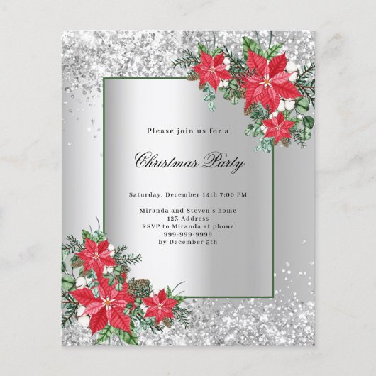 Silver Rot Blumendekor Weihnachtsfeier Einladung (Vorderseite)