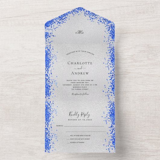 Silver Royal Blue Confetti Moderne Hochzeit All In One Einladung (Innen Boden)