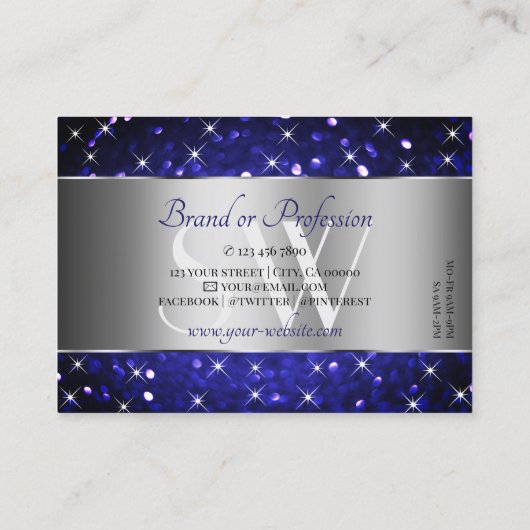 Silver Royal Blue Glitzer Sparkle Stars Visitenkarte (Rückseite)