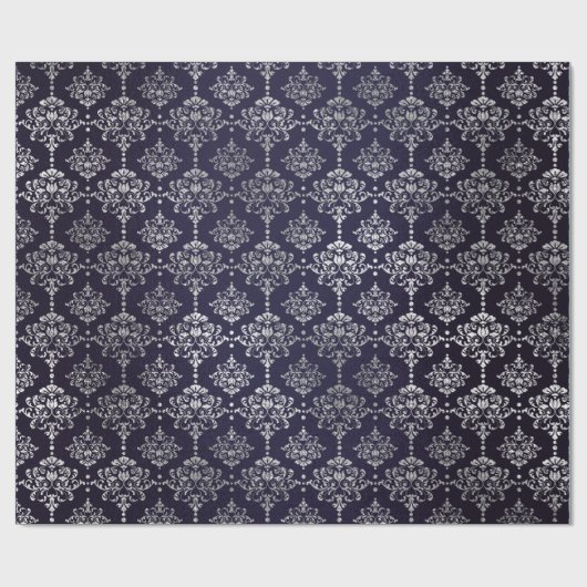 Silver Royal Blue Navy Gray Floral Damask Vip Geschenkpapier (Flach)