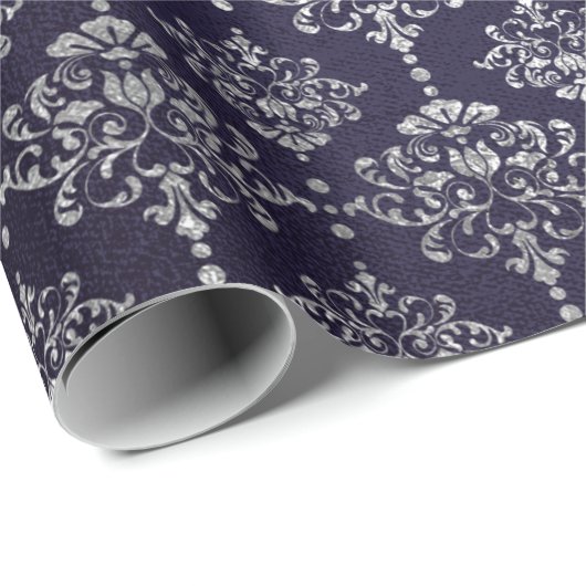 Silver Royal Blue Navy Gray Floral Damask Vip Geschenkpapier (Rolleneckpunkt)