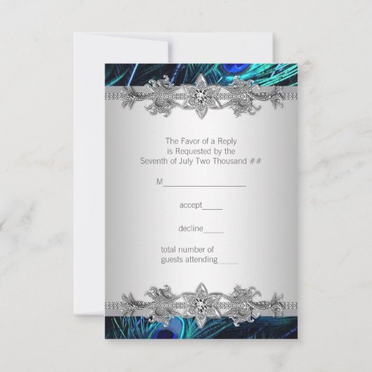 Silver Royal Blue Peacock Wedding RSVP (Rückseite)