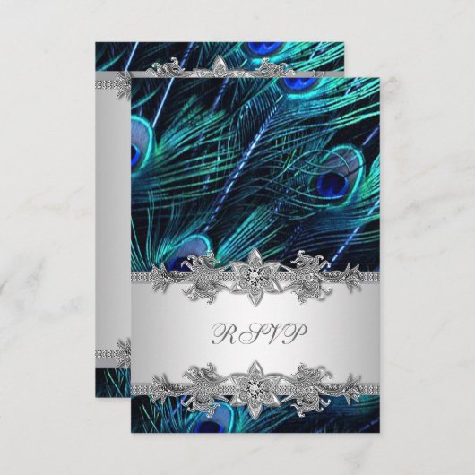 Silver Royal Blue Peacock Wedding RSVP (Vorne/Hinten)
