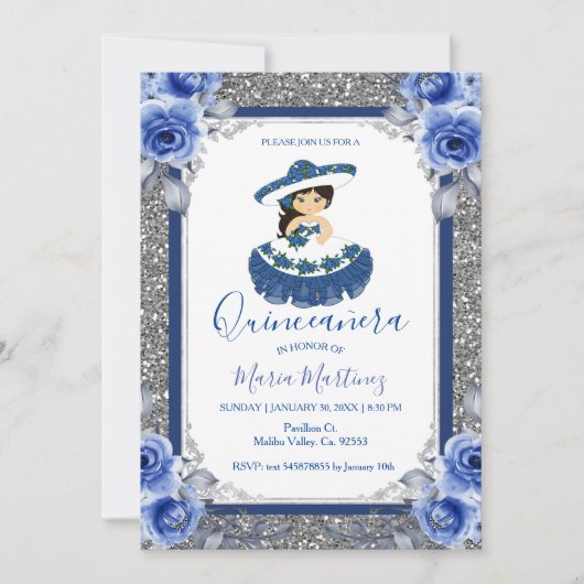  Silver Royal Blue Rose Quinceanera  Einladung (Vorderseite)