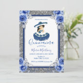  Silver Royal Blue Rose Quinceanera  Einladung (Stehend Vorderseite)