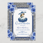  Silver Royal Blue Rose Quinceanera  Einladung (Vorne/Hinten)