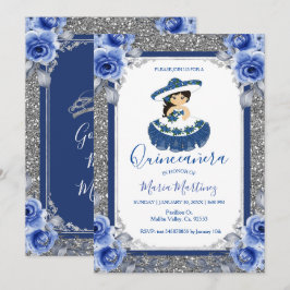  Silver Royal Blue Rose Quinceanera  Einladung