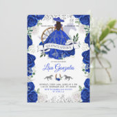 Silver Royal Blue Rose Western Charra Quinceañera Einladung (Stehend Vorderseite)
