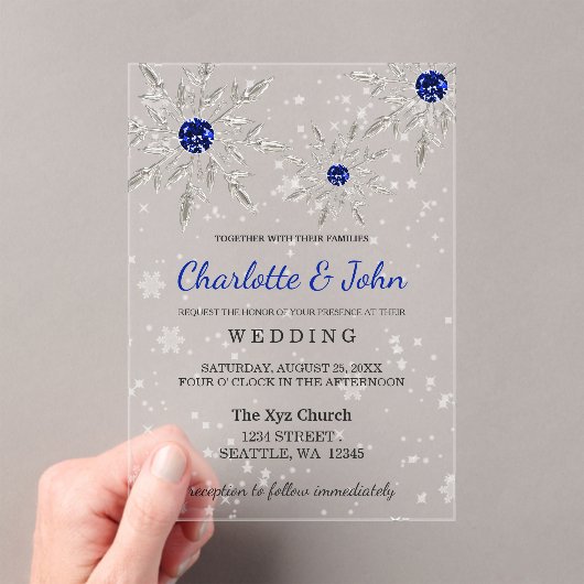 Silver Royal Blue Schneeflocken Winter Wedding Acryleinladungen (Insitu (Handheld))