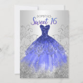 Silver Royal Blue Sparkle Dress Sweet 16 Einladung (Vorderseite)