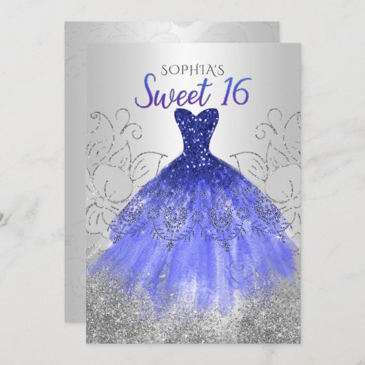 Silver Royal Blue Sparkle Dress Sweet 16 Einladung (Vorne/Hinten)