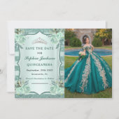 Silver Royal Green Quinceanera Foto Save The Date (Vorderseite)