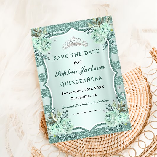 Silver Royal Green Quinceanera Save The Date
