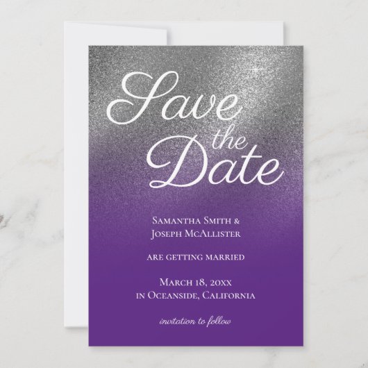 Silver Royal Lila Glitzer Ombre Save the Date Einladung (Vorderseite)