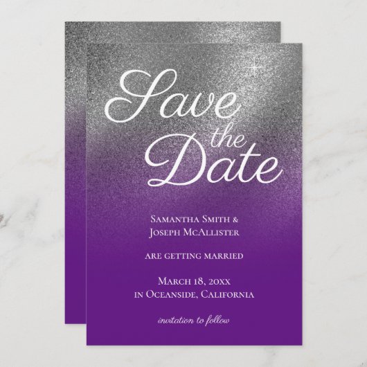 Silver Royal Lila Glitzer Ombre Save the Date Einladung (Vorne/Hinten)