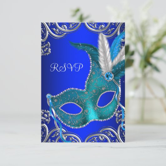 Silver Royal und Aquamarin Blue Masquerade Party U RSVP Karte (Stehend Vorderseite)