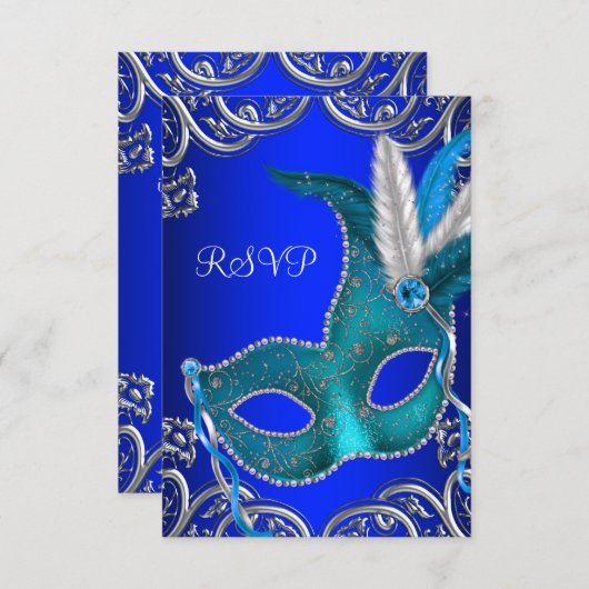 Silver Royal und Aquamarin Blue Masquerade Party U RSVP Karte (Vorne/Hinten)