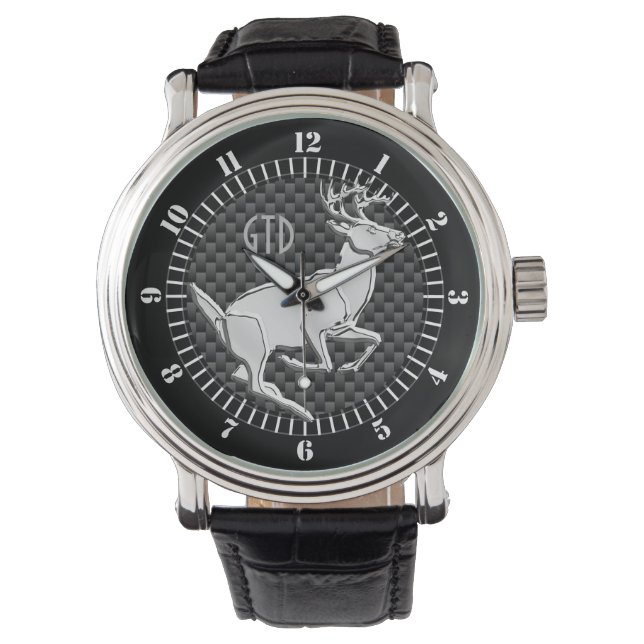 Silver Running Deer on Carbon Decoder Monogramm Armbanduhr (Vorderseite)