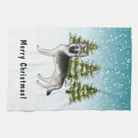 Silver Sable German Shepherd im Winter mit Text Geschirrtuch (Horizontal)