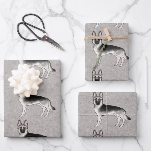 Silver Sable German Shepherd Niedlich Cartoon Dog Geschenkpapier Set (Vorderseite)