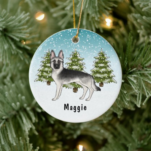 Silver Sable German Shepherder Dog im Winterwald Keramik Ornament (Baum)