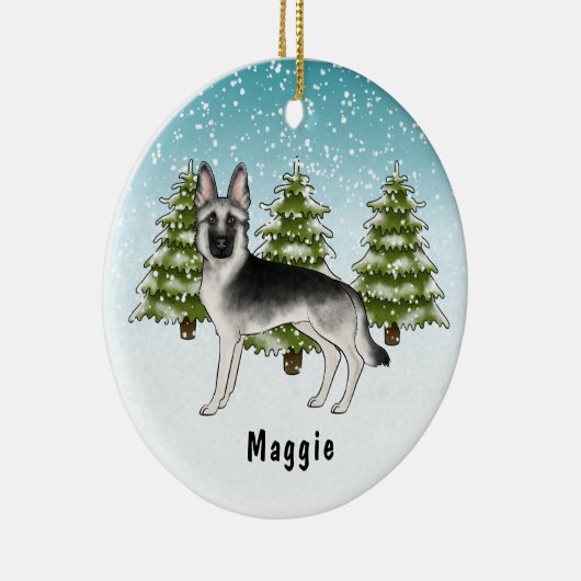 Silver Sable German Shepherder Dog im Winterwald Keramik Ornament (Rechts)