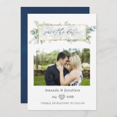 Silver Sage and Navy Eucalyptus Geometric Wedding Save The Date (Vorne/Hinten)