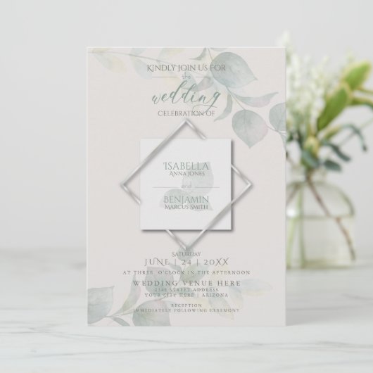 Silver Sage Eucalyptus Wedding Einladung (Stehend Vorderseite)