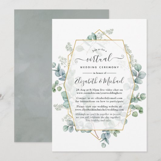 Silver Sage Eukalyptus Geometric Virtual Wedding Einladung (Vorne/Hinten)