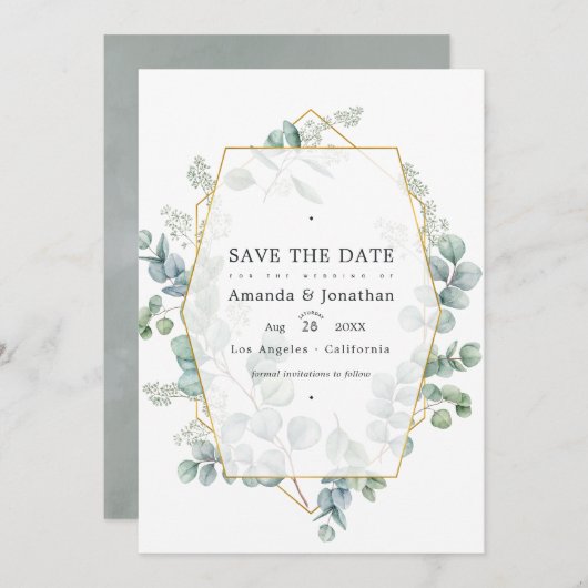 Silver Sage Eukalyptus Geometric Wedding Foto Save The Date (Vorne/Hinten)