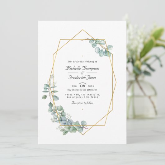 Silver Sage Geometric Eucalyptus QR Code Wedding Einladung (Stehend Vorderseite)