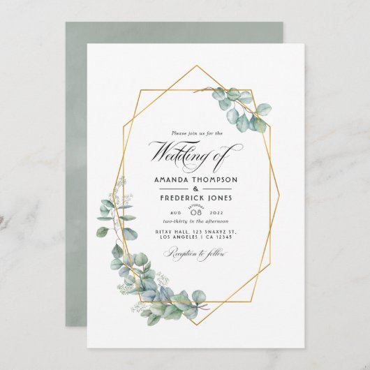 Silver Sage Geometric Eucalyptus Wedding Foto Einladung (Vorne/Hinten)