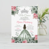 Silver Sage Green und Rosa Prinzessin Mis Quince Einladung (Stehend Vorderseite)