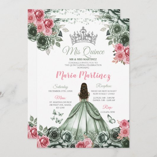 Silver Sage Green und Rosa Prinzessin Mis Quince Einladung (Vorne/Hinten)