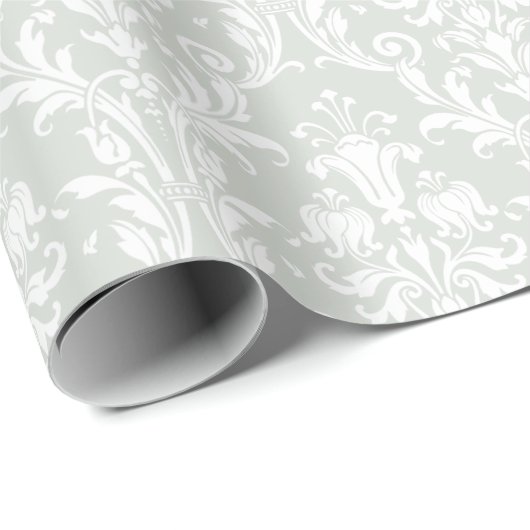 Silver Sage Green White Damask Elegante Hochzeit Geschenkpapier (Rolleneckpunkt)