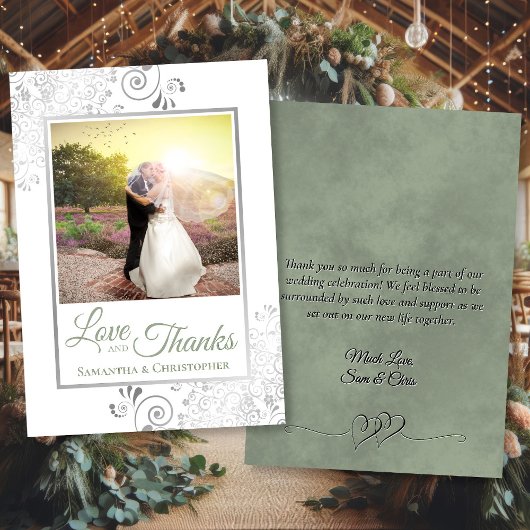Silver & Sage Green White Foto & Note Wedding Dankeskarte