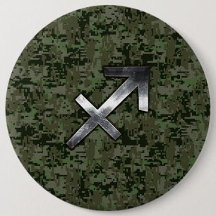 Silver Sagittarius Zodiac Woodland Digital Camo Button