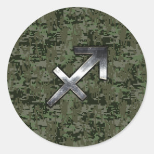 Silver Sagittarius Zodiac Woodland Digital Camo Runder Aufkleber